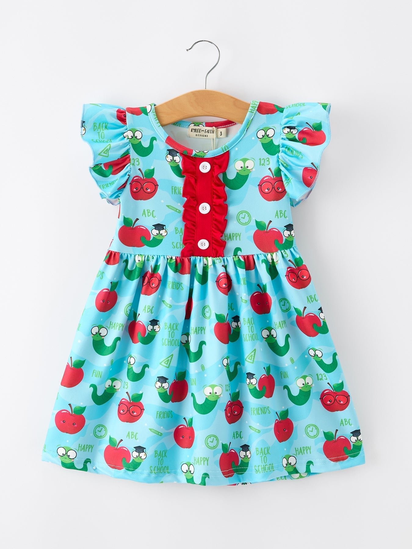 Girls Back To School Apple Worm Twirl Dress Ruffle Color Block - Abbies Place