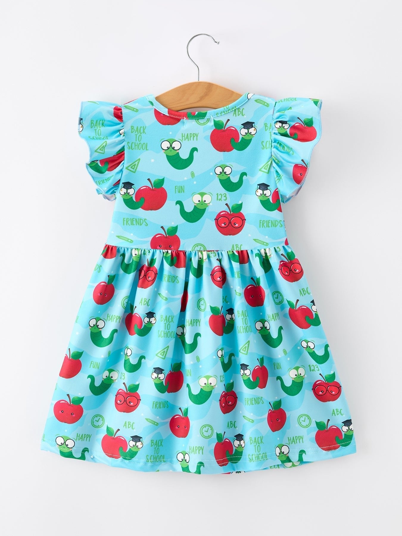 Girls Back To School Apple Worm Twirl Dress Ruffle Color Block - Abbies Place