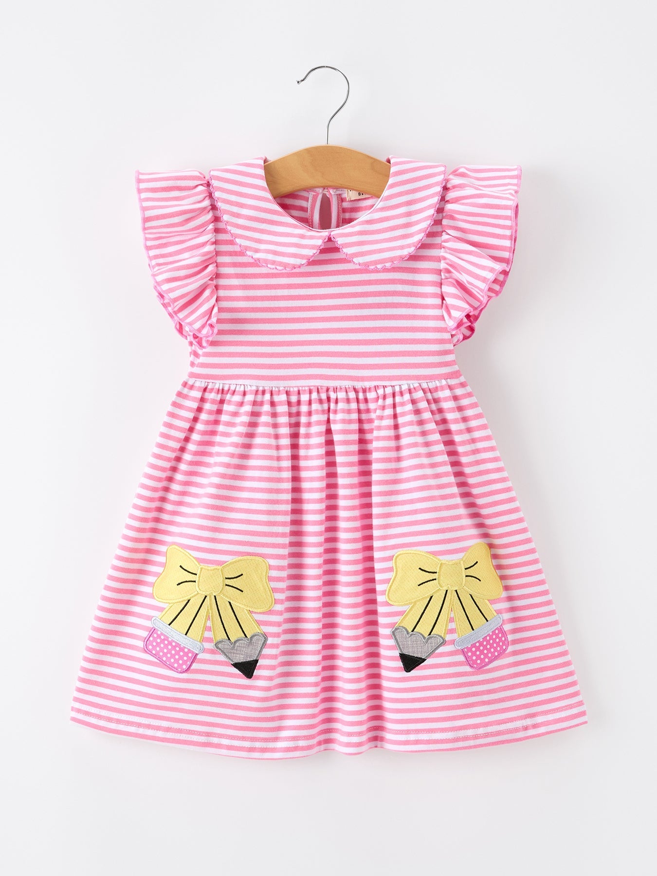 Girls Back To School Bow Pencil Twirl Dress Ruffle Petal Collar Applique - Abbies Place