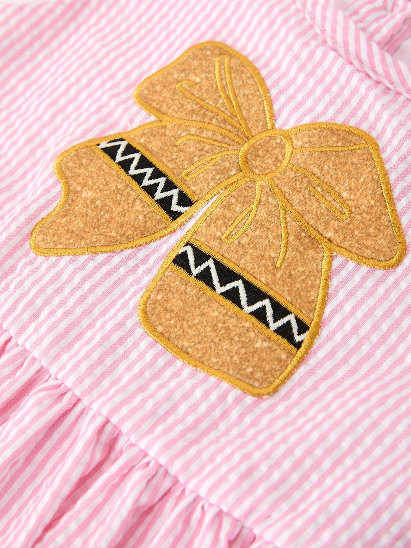 Girls Back To School Bow Twirl Dress Ruffle Applique Pink - Abbies Place