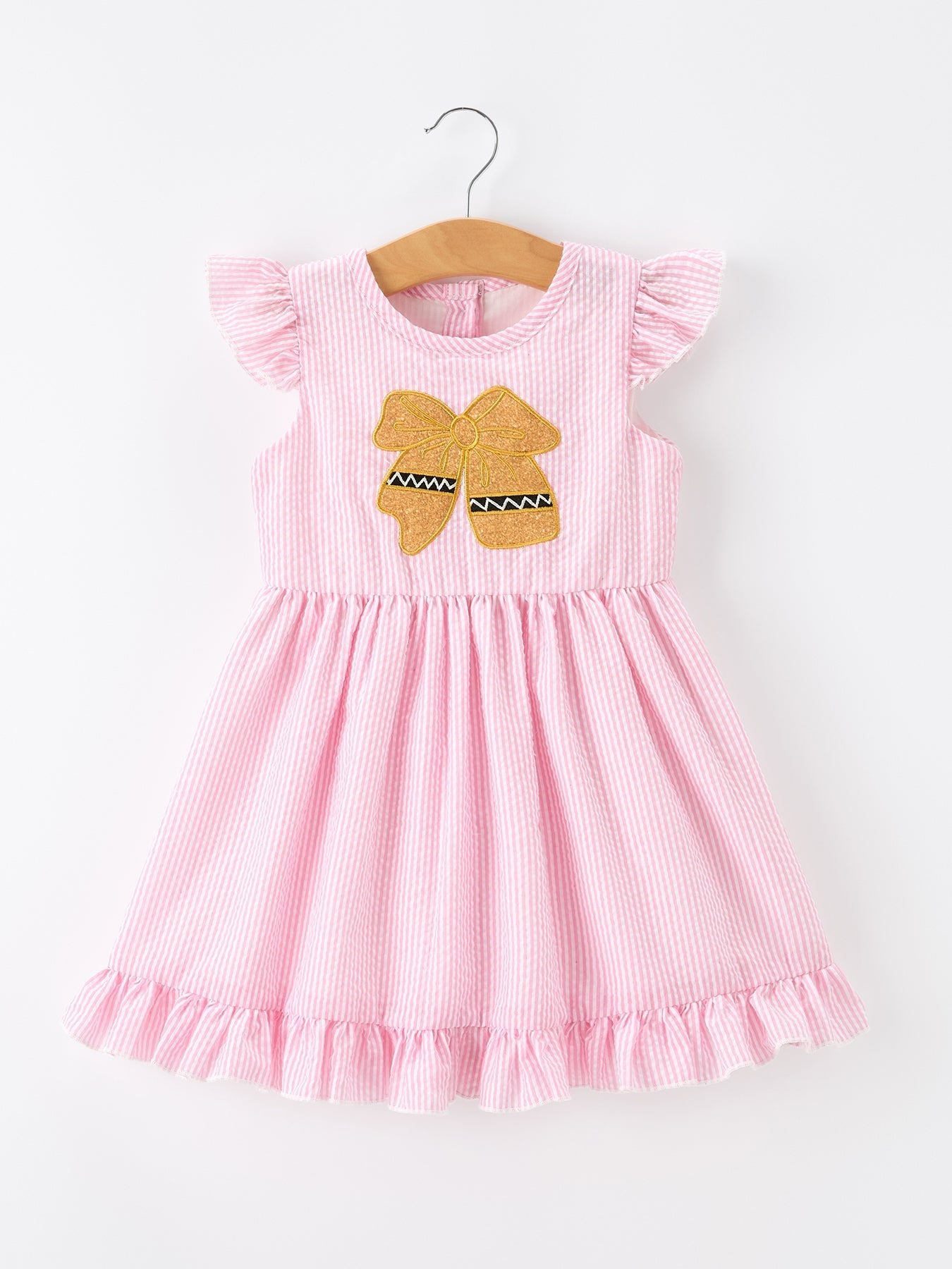 Girls Back To School Bow Twirl Dress Ruffle Applique Pink - Abbies Place