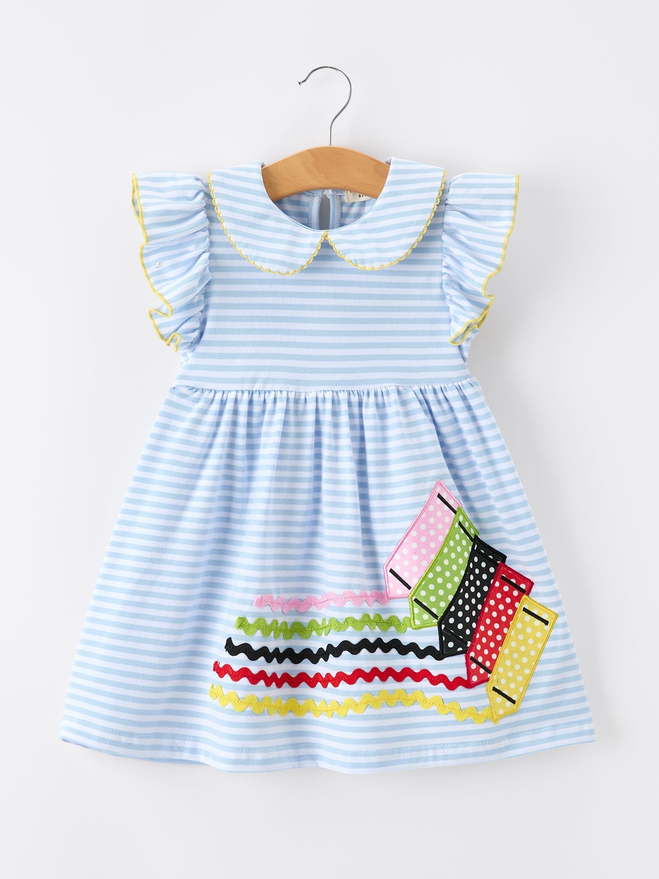 Girls Back To School Crayon Dress Ruffle Petal Collar Applique - Abbies Place
