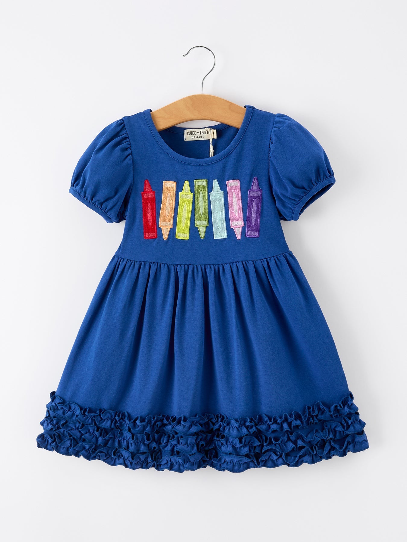 Girls Back To School Crayon Twirl Dress Ruffle Applique - Abbies Place