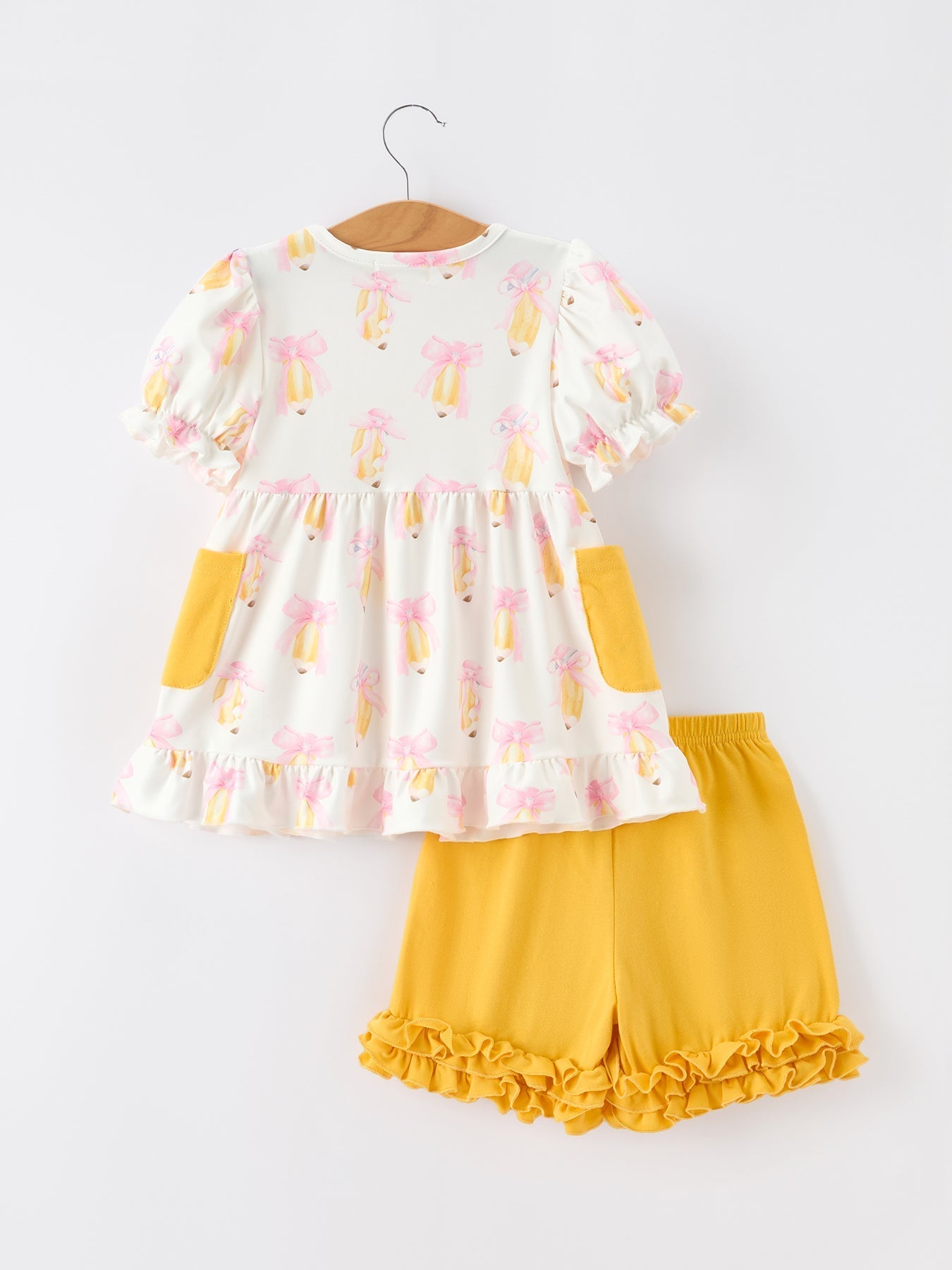 Girls Back To School Pencil Bow Pocket Ruffle Top Shorts Set - Abbies Place