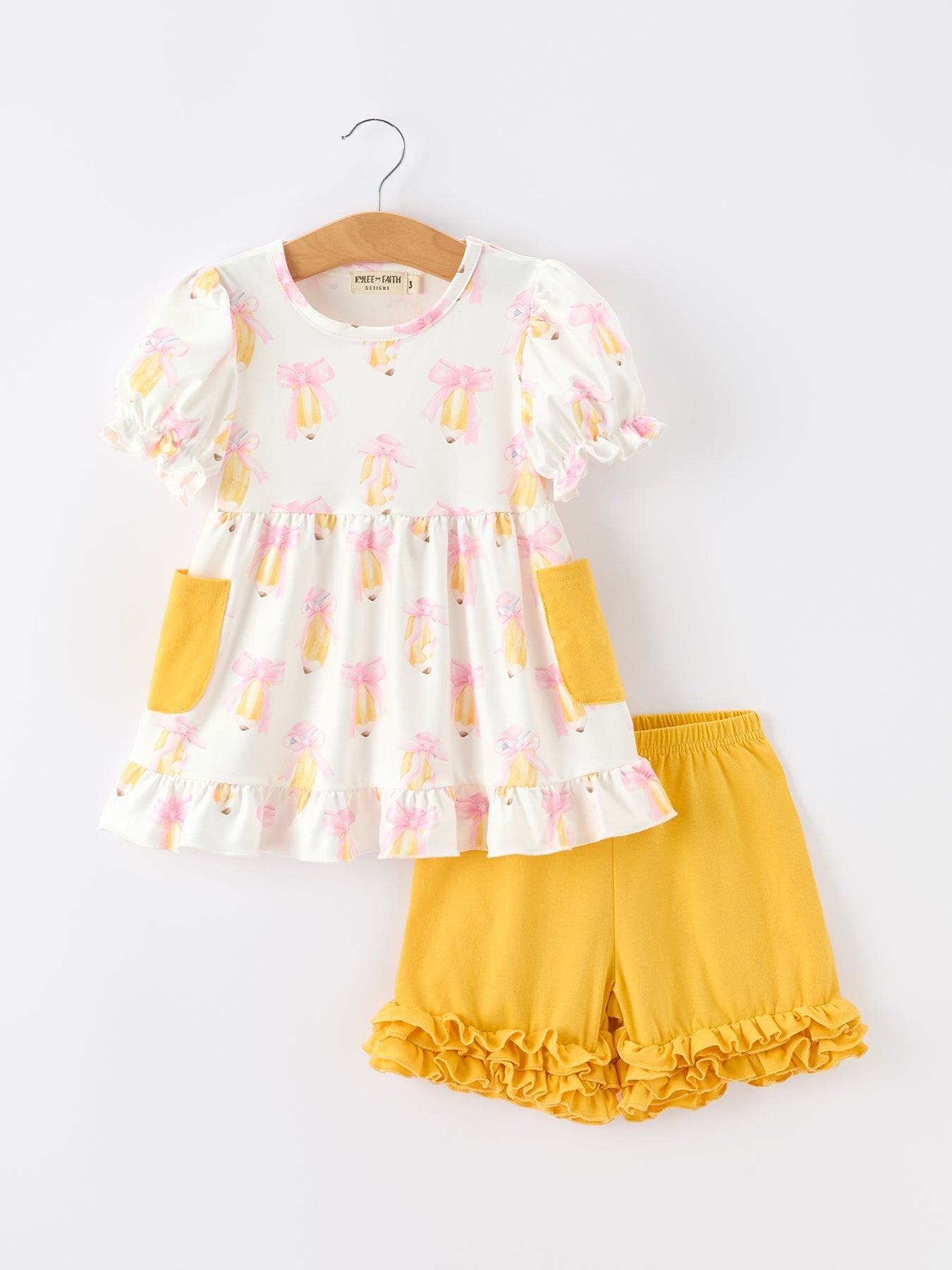 Girls Back To School Pencil Bow Pocket Ruffle Top Shorts Set - Abbies Place