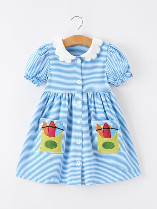 Girls Back To School Pencil Dress Petals Collar Pocket Applique - Abbies Place