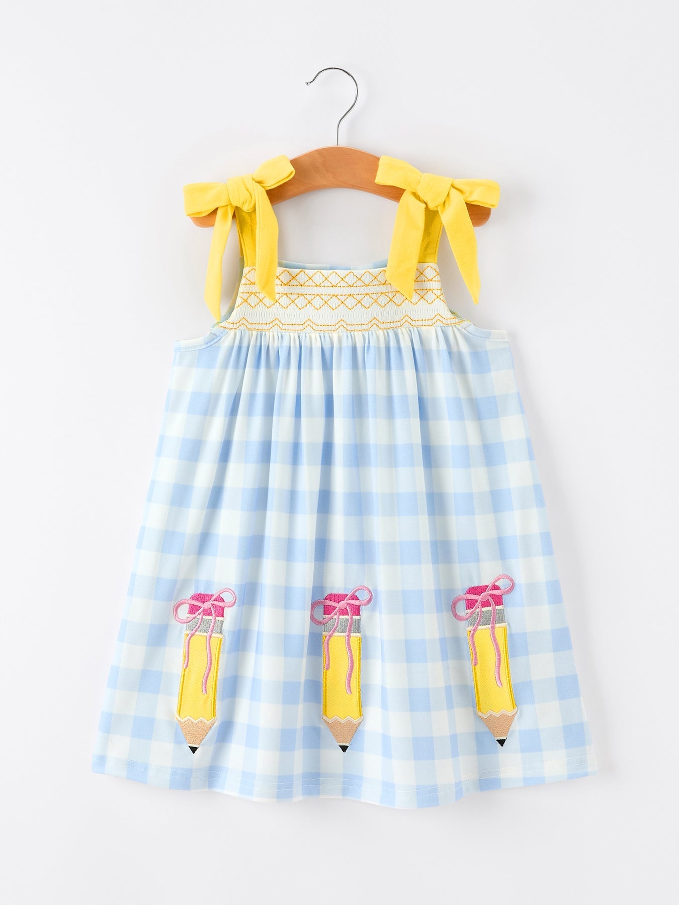 Girls Back To School Pencil Plaid Dress Bow Applique Smocked - Abbies Place