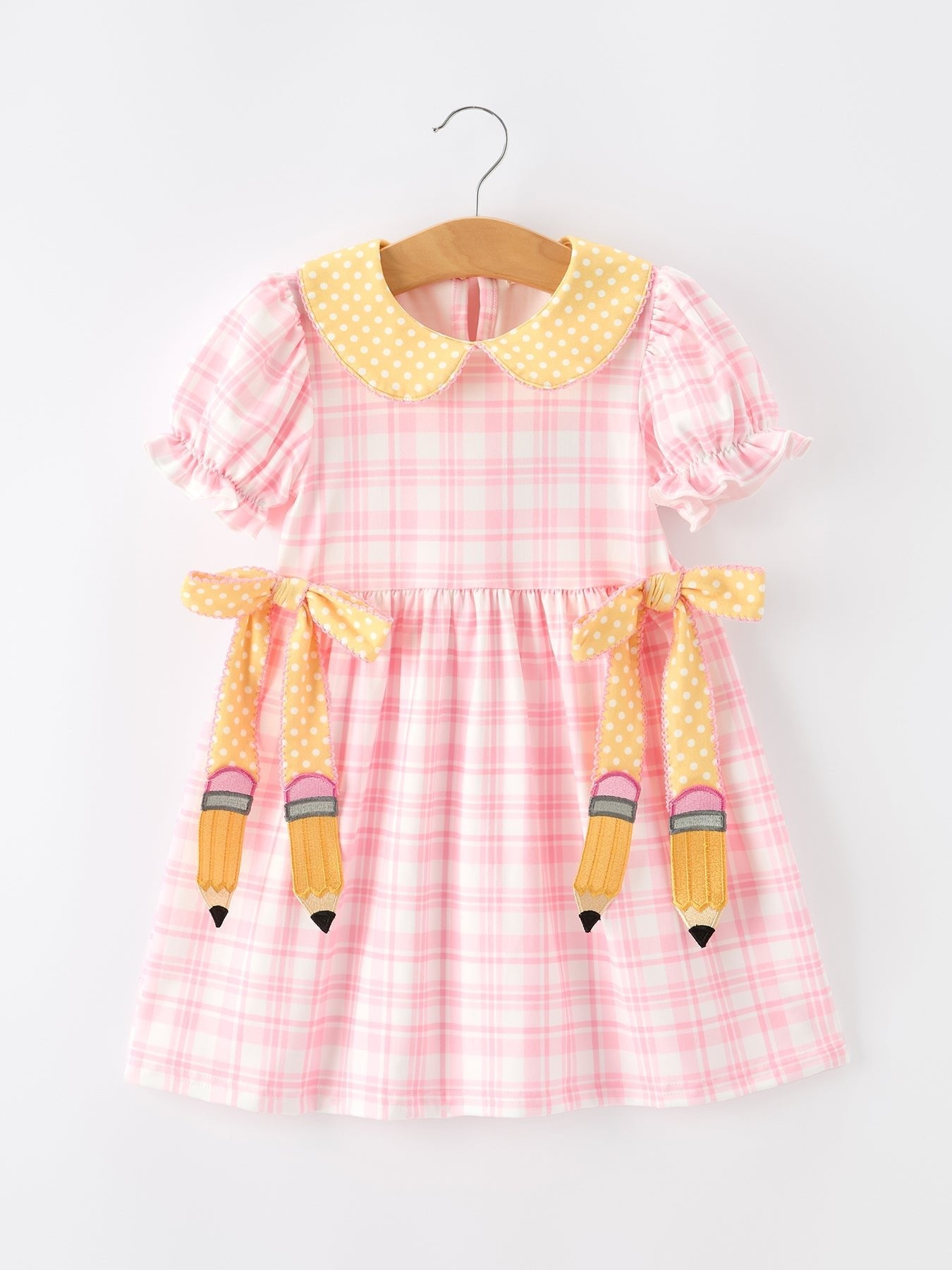 Girls Back To School Pencil Plaid Twirl Dress Bow Petals Collar - Abbies Place