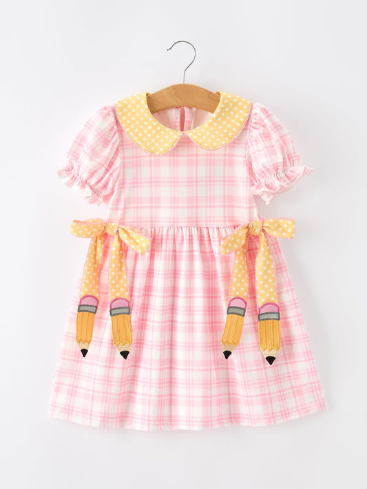 Girls Back To School Pencil Plaid Twirl Dress Bow Petals Collar - Abbies Place