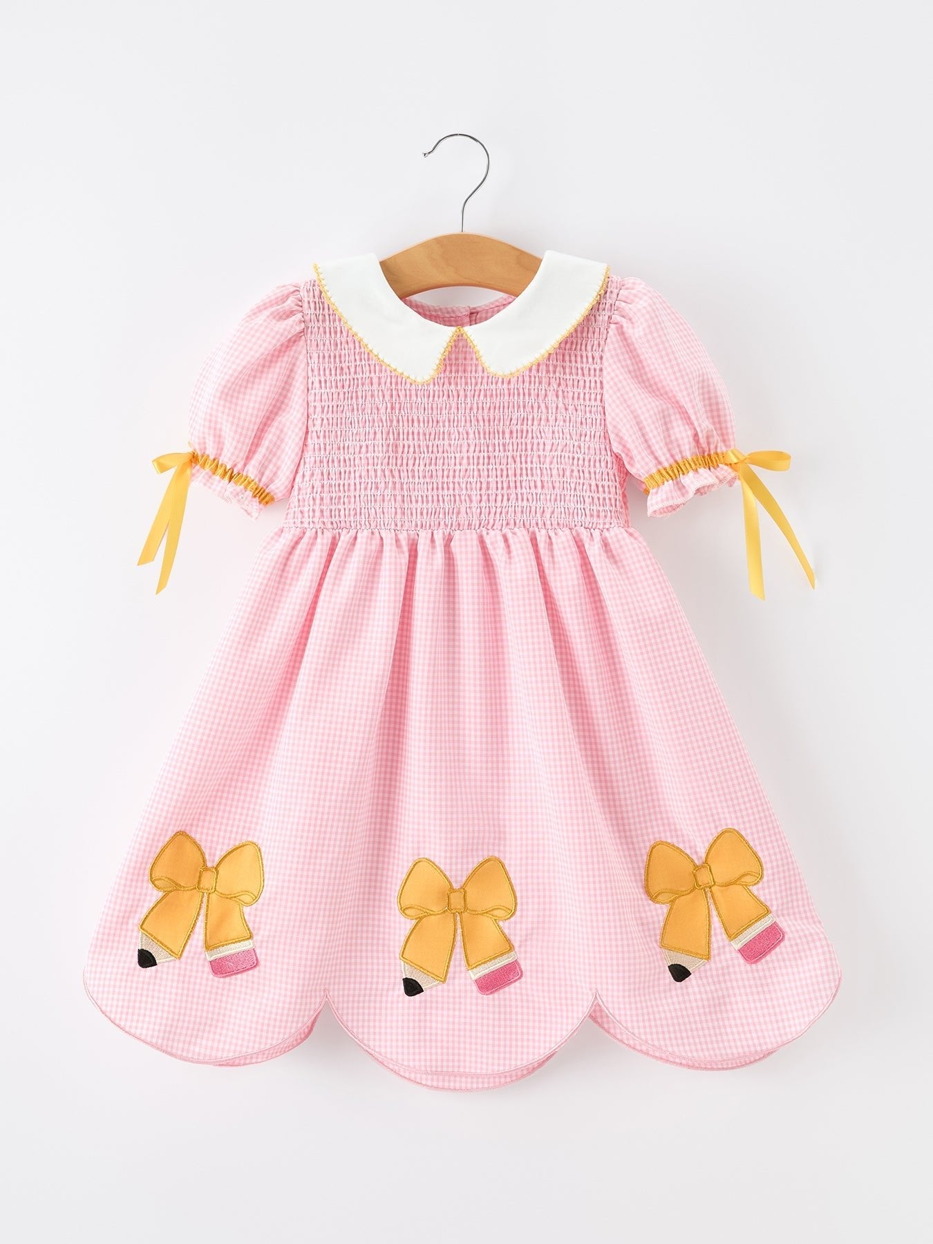 Girls Back To School Pencil Twirl Dress Bow Applique Smocked - Abbies Place