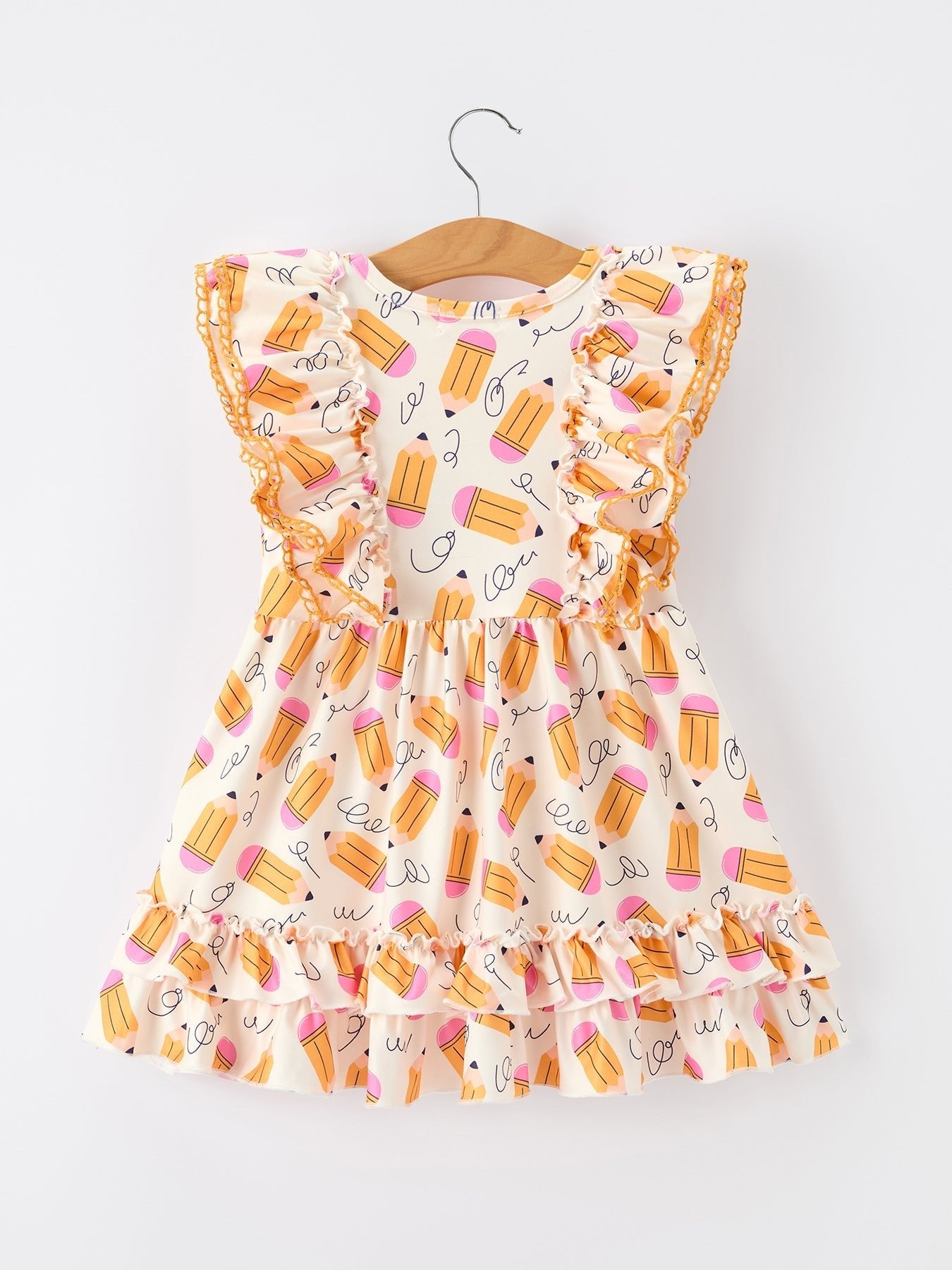 Girls Back To School Pencil Twirl Dress Ruffle Flutter Sleeve - Abbies Place