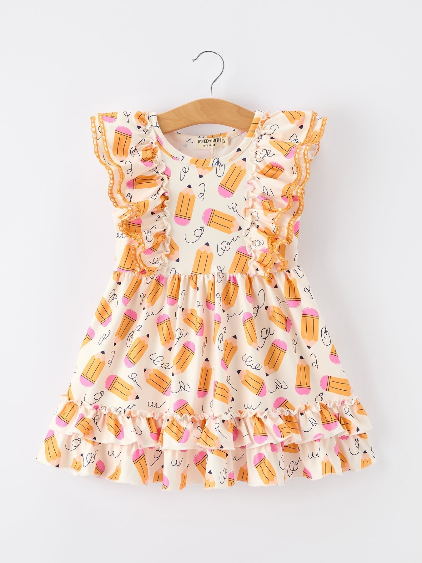 Girls Back To School Pencil Twirl Dress Ruffle Flutter Sleeve - Abbies Place