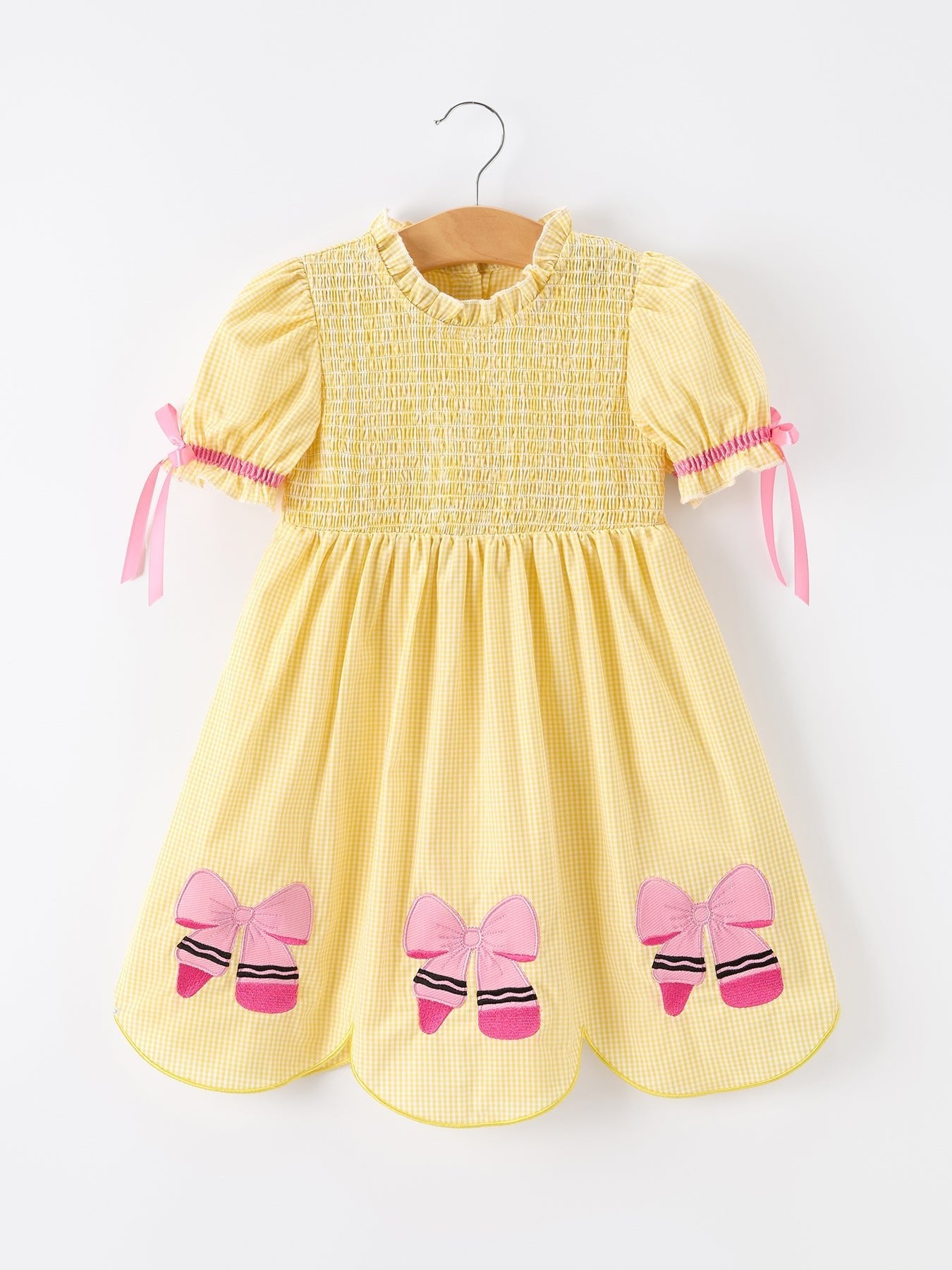 Girls Back To School Pencil Twirl Yellow Dress Bow Applique Smocked - Abbies Place