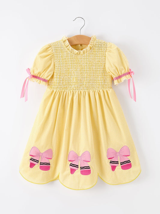 Girls Back To School Pencil Twirl Yellow Dress Bow Applique Smocked - Abbies Place