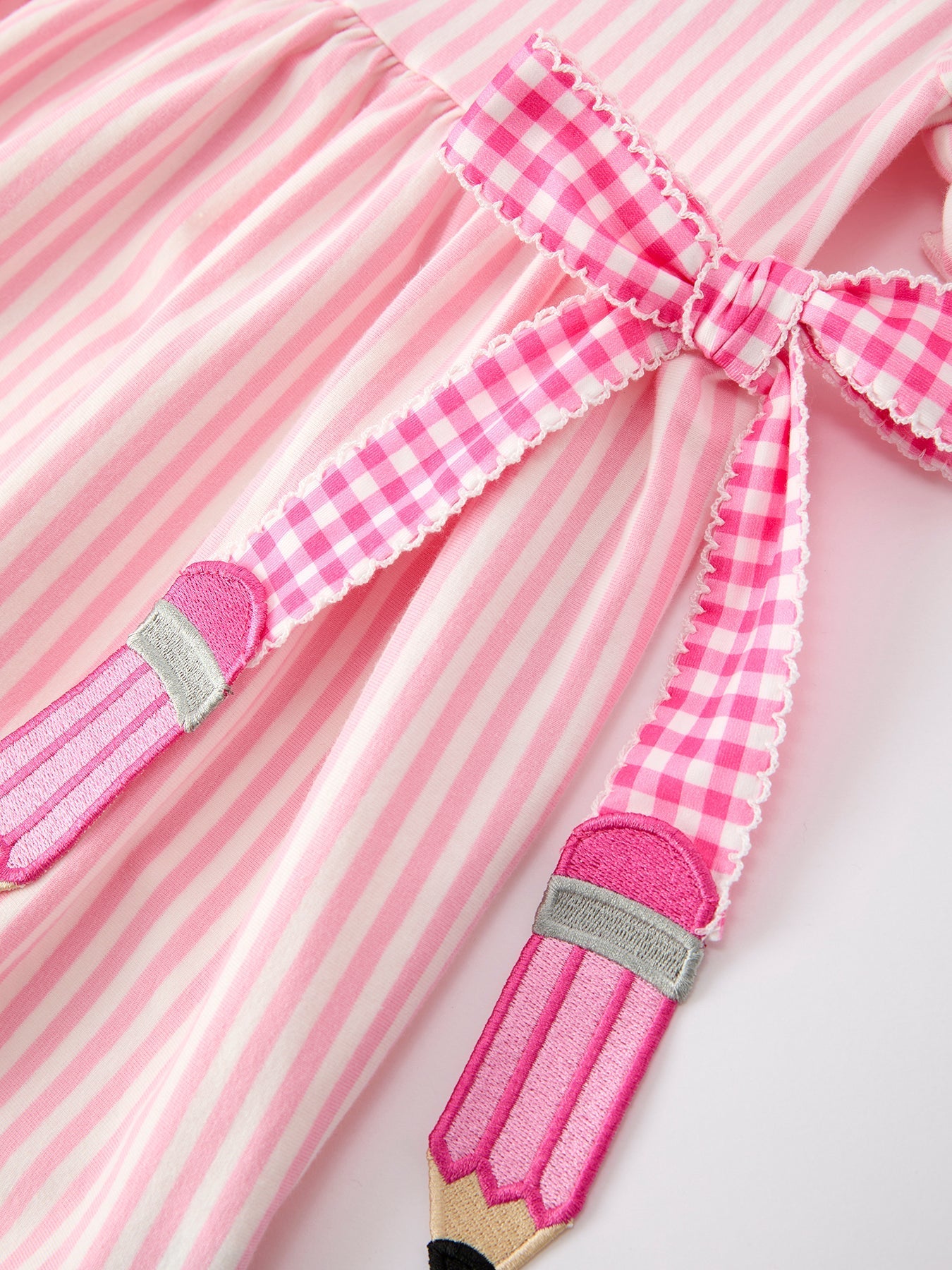 Girls Back To School Pink Plaid Petals Collar Pencil Applique Dress - Abbies Place