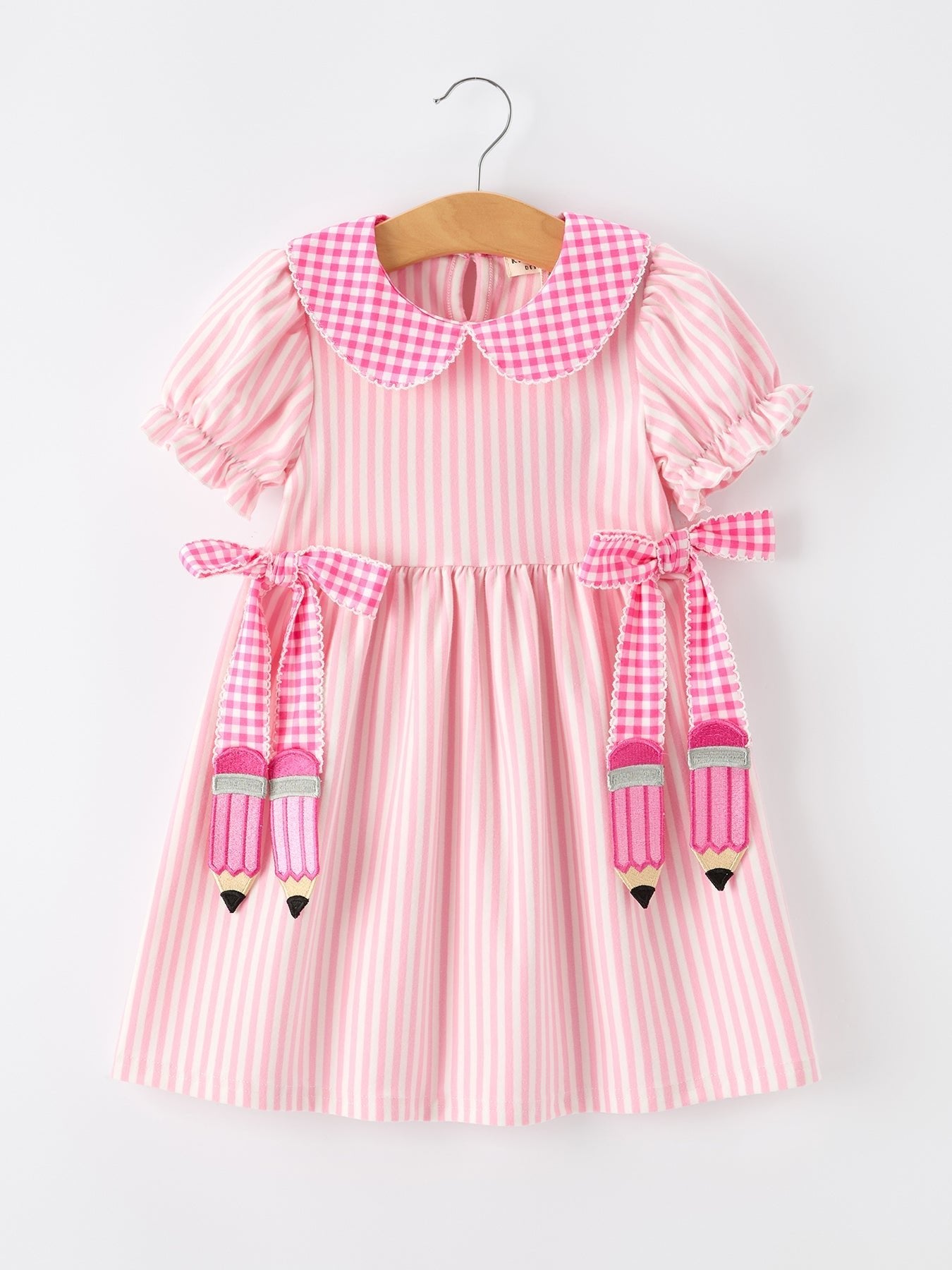 Girls Back To School Pink Plaid Petals Collar Pencil Applique Dress - Abbies Place