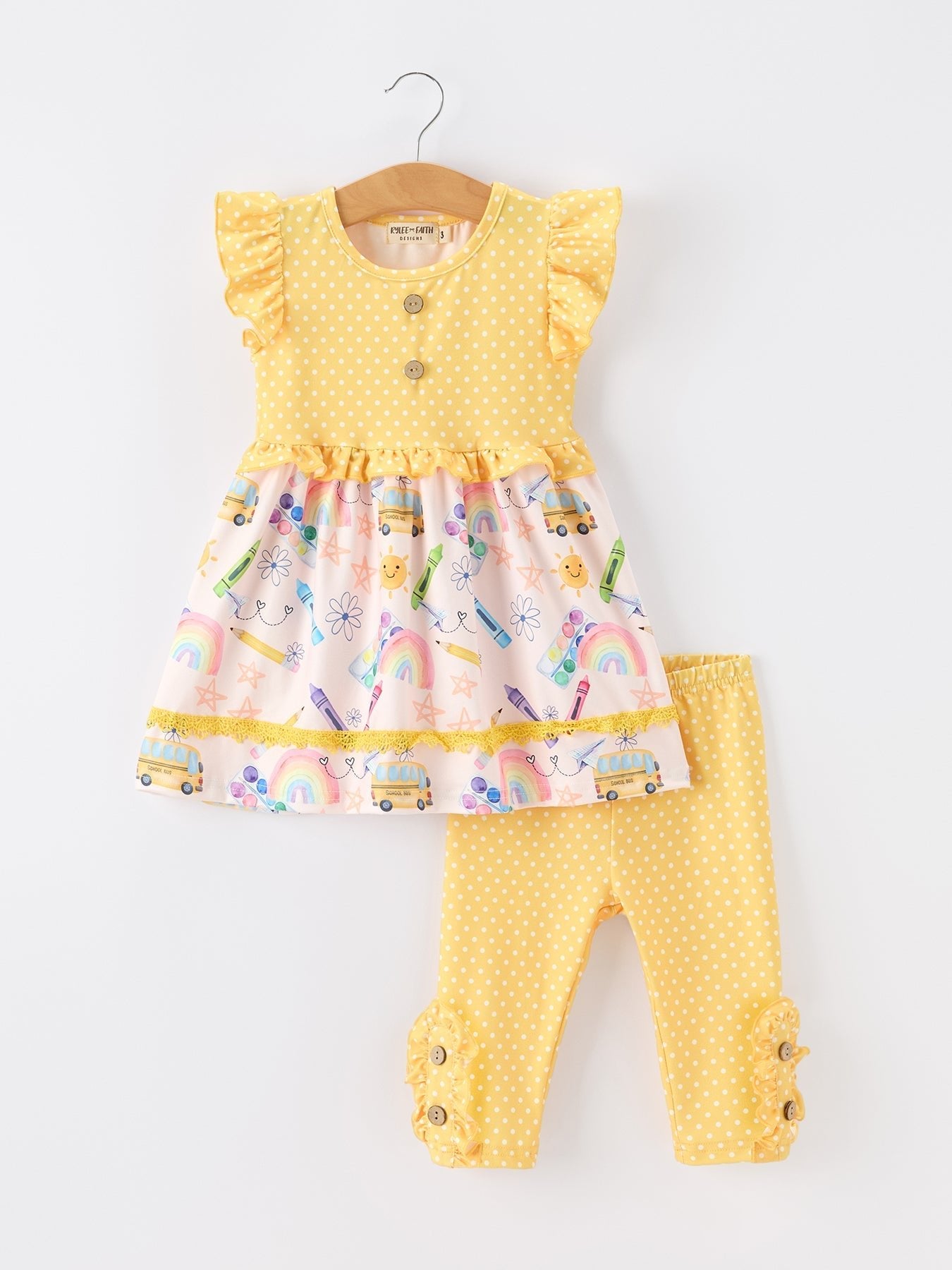 Girls Back To School Rainbow School Bus Ruffle Dress Leggings Set - Abbies Place