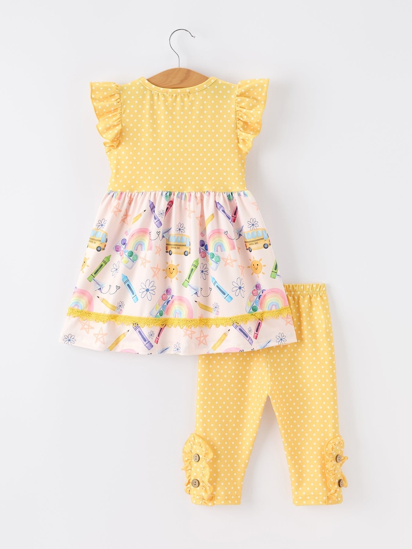 Girls Back To School Rainbow School Bus Ruffle Dress Leggings Set - Abbies Place