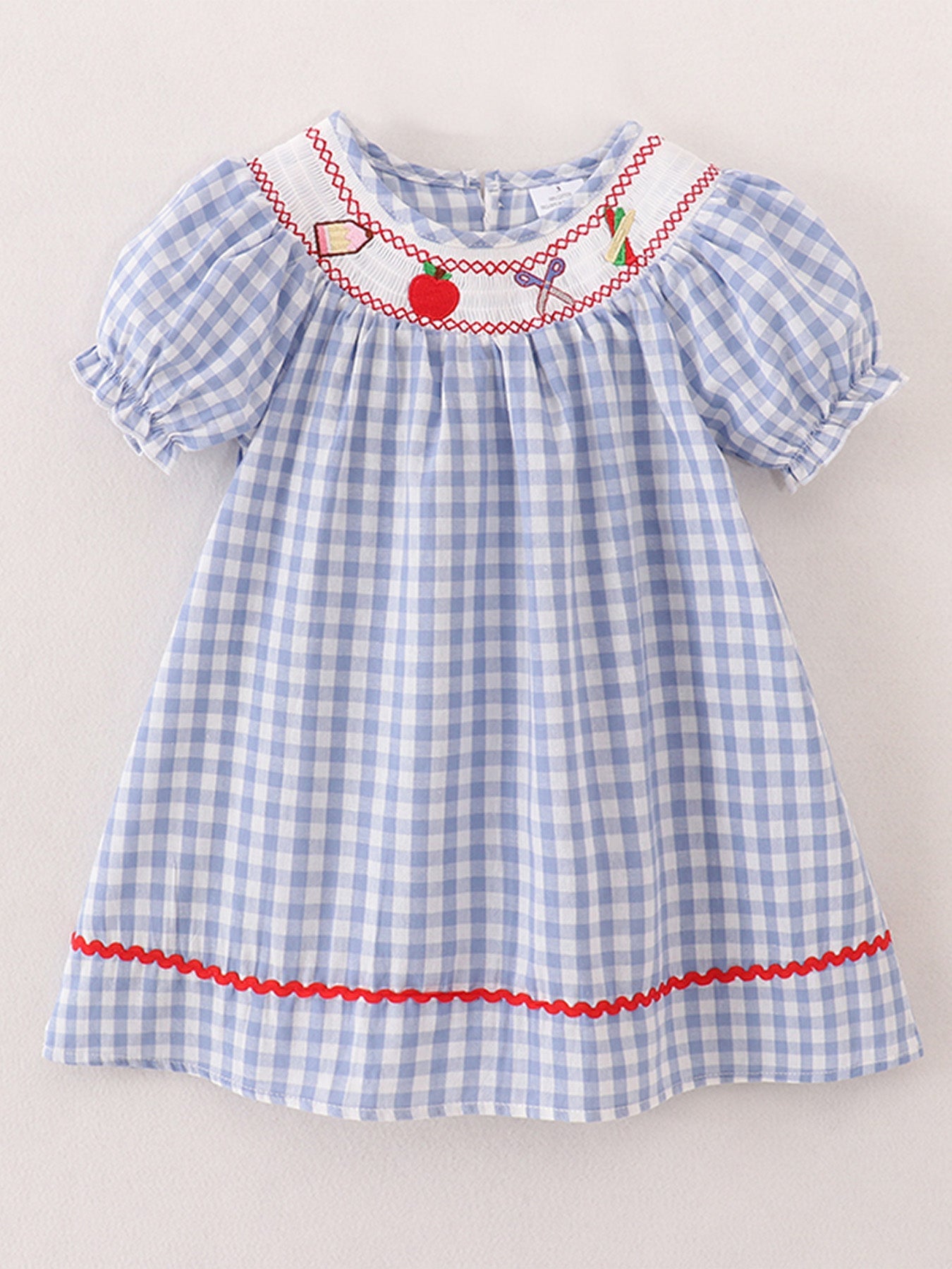 Girls Back to School Smocking Pencil Apple Embroidered Plaid Dress - Abbies Place