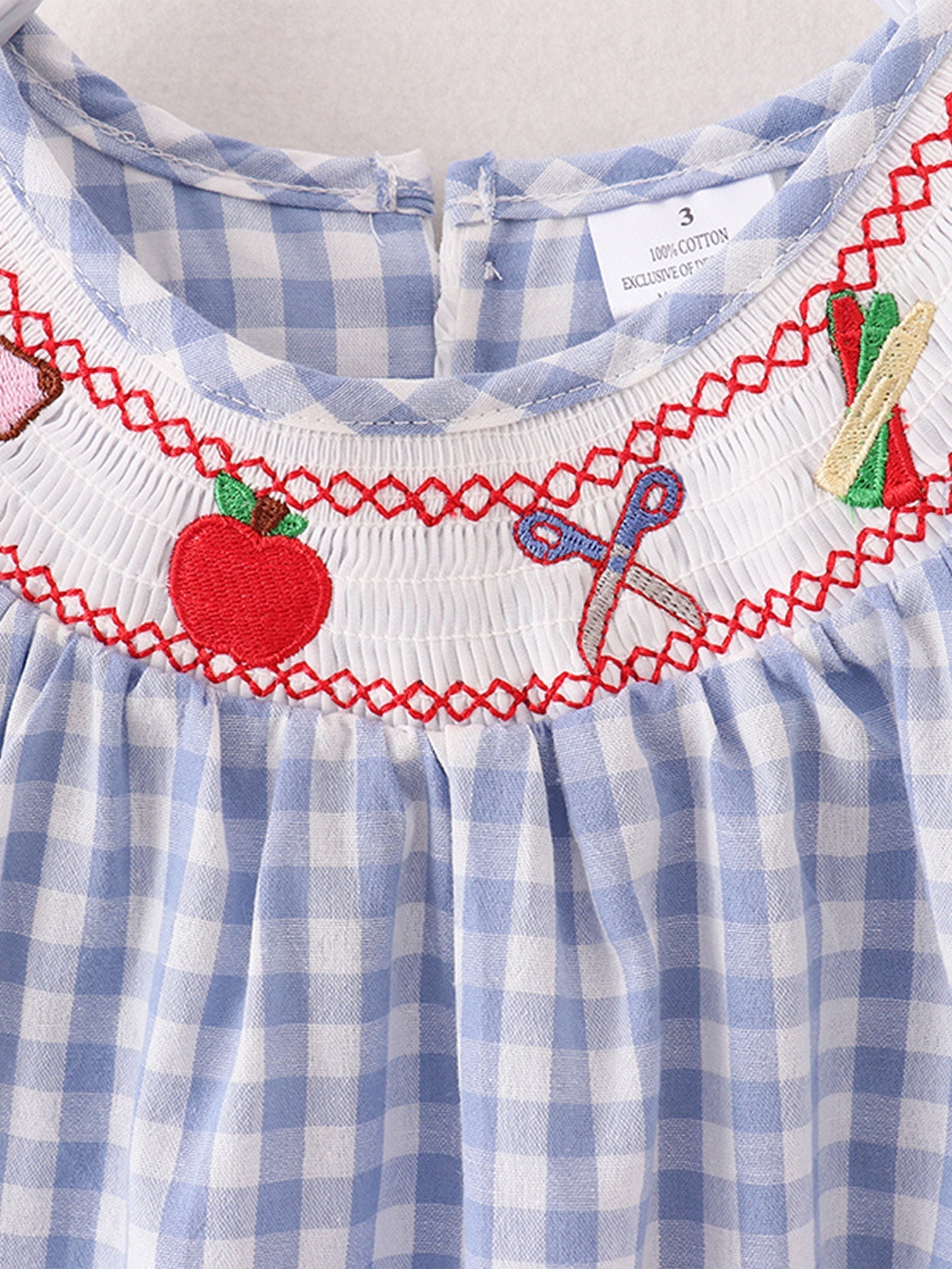 Girls Back to School Smocking Pencil Apple Embroidered Plaid Dress - Abbies Place