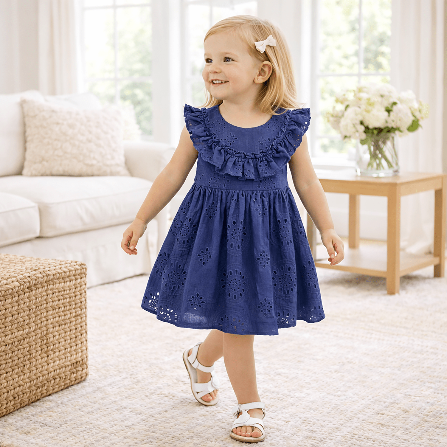 Girls' Eyelet Ruffle Dress - Cotton Blue Embroidered - Abbies Place