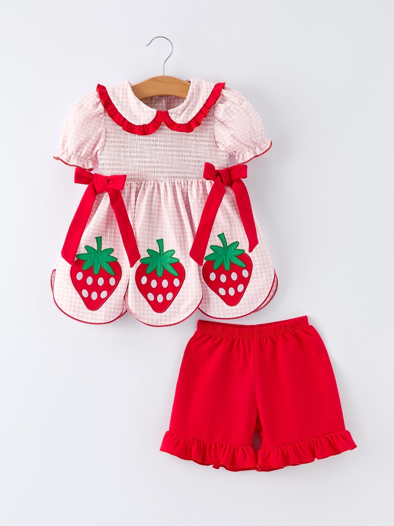 Girls' Plaid Smocked Strawberry Applique Shorts Set - Abbies Place