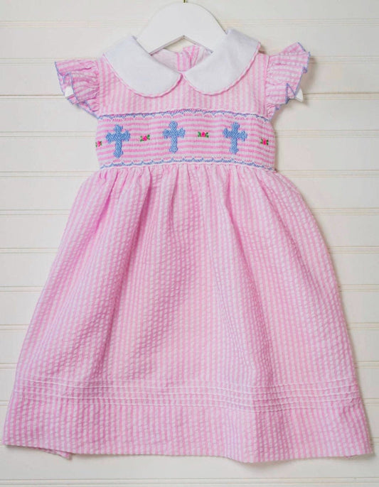 Girls Smocked Cross Seersucker Dress - Abbies Place