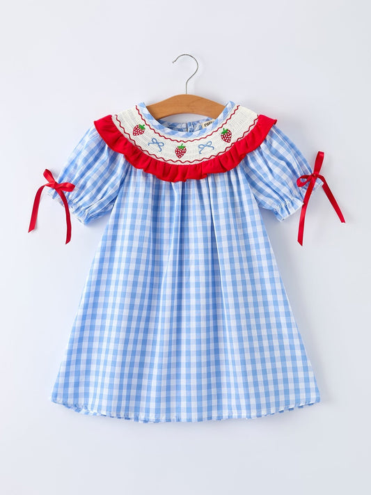 Girls Summer Strawberry Bow Embroidered Smocked Dress - Abbies Place