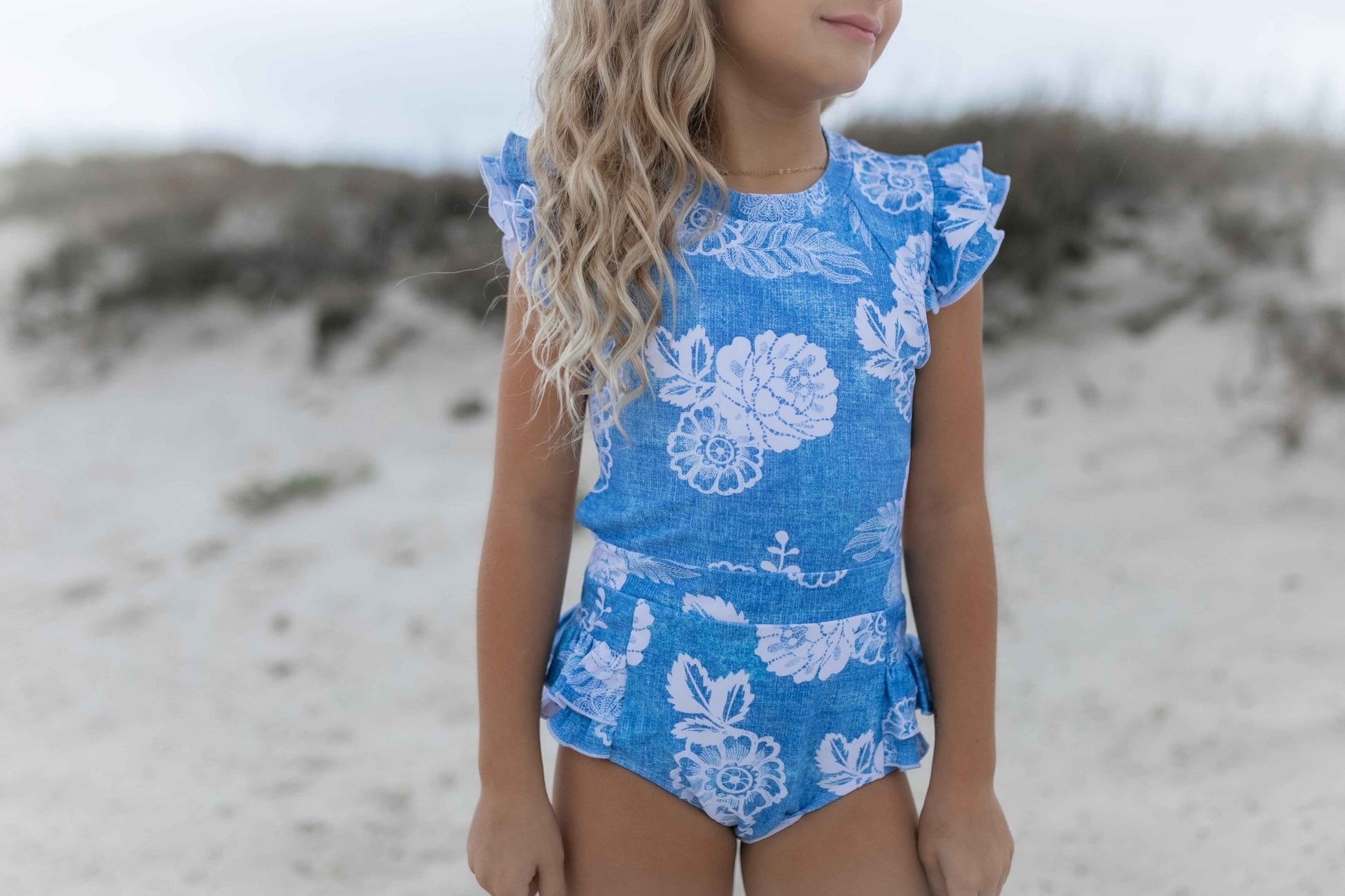 Grace Denim Floral Open Back One Piece Swimsuit - Abbies Place
