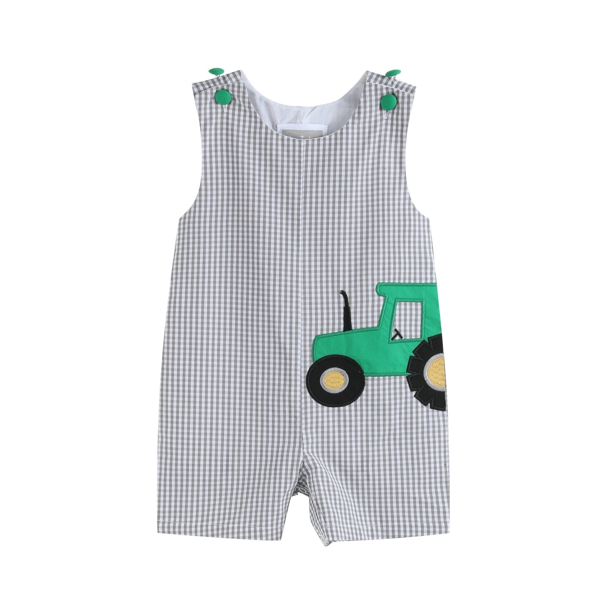 Gray Gingham Green Tractor Applique Shortalls - Abbies Place