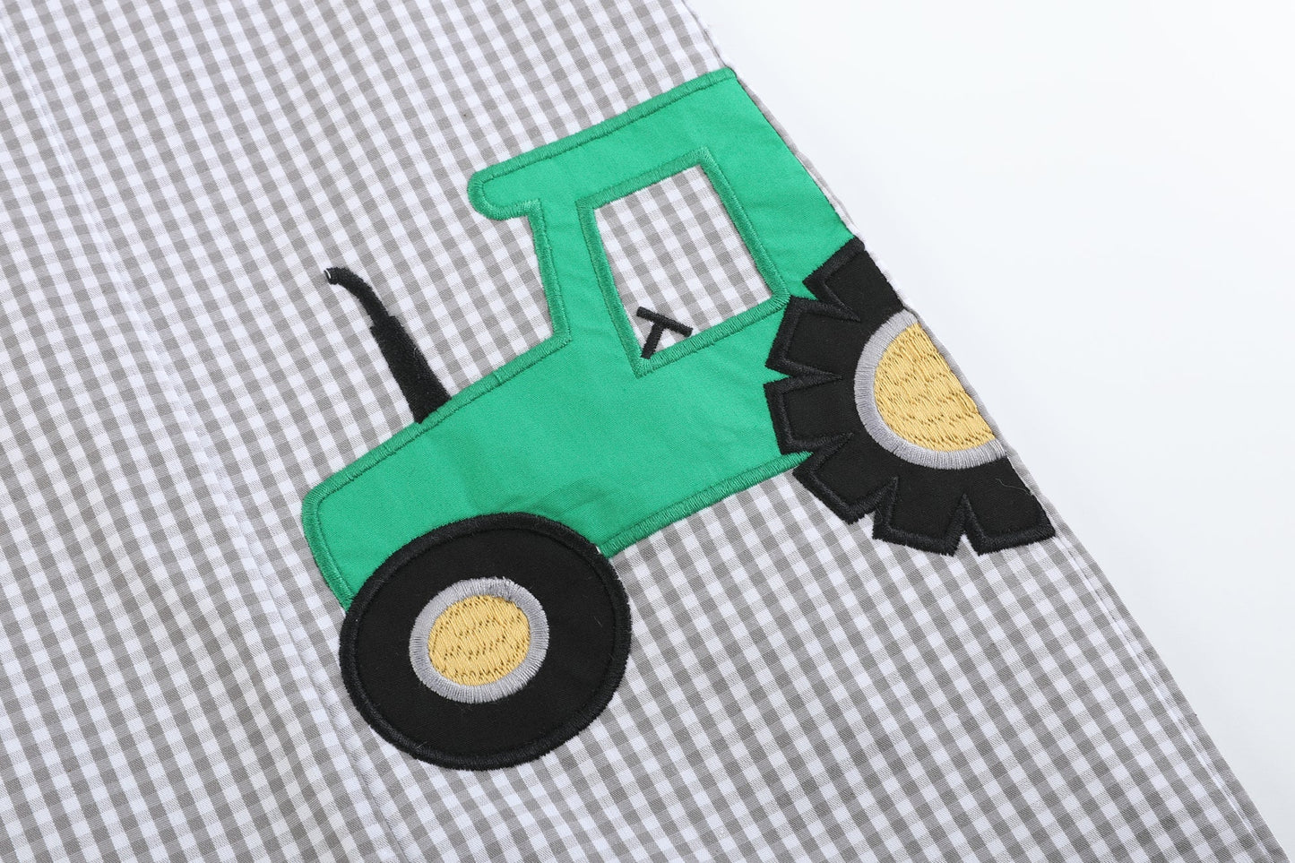 Gray Gingham Green Tractor Applique Shortalls - Abbies Place