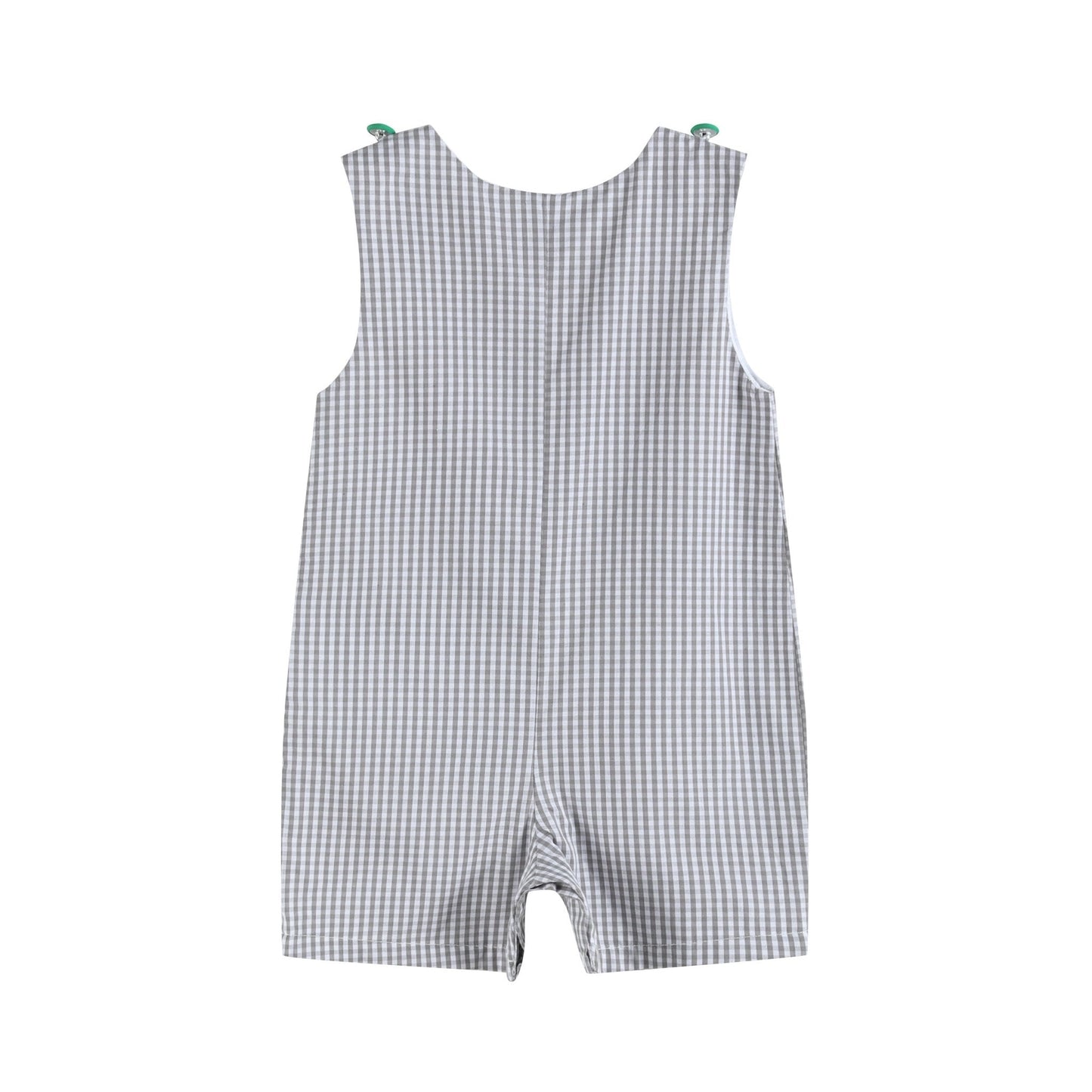 Gray Gingham Green Tractor Applique Shortalls - Abbies Place