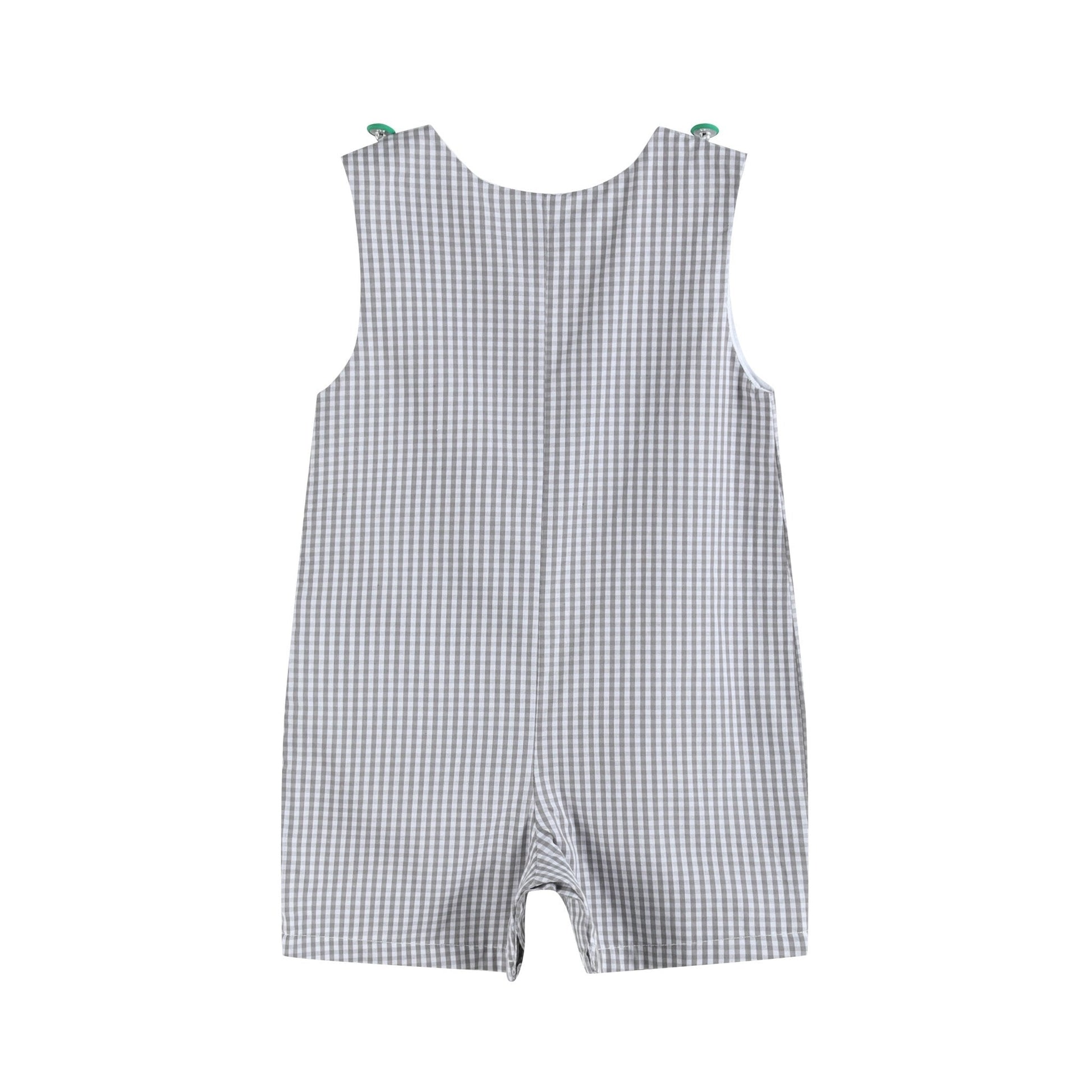 Gray Gingham Green Tractor Applique Shortalls - Abbies Place
