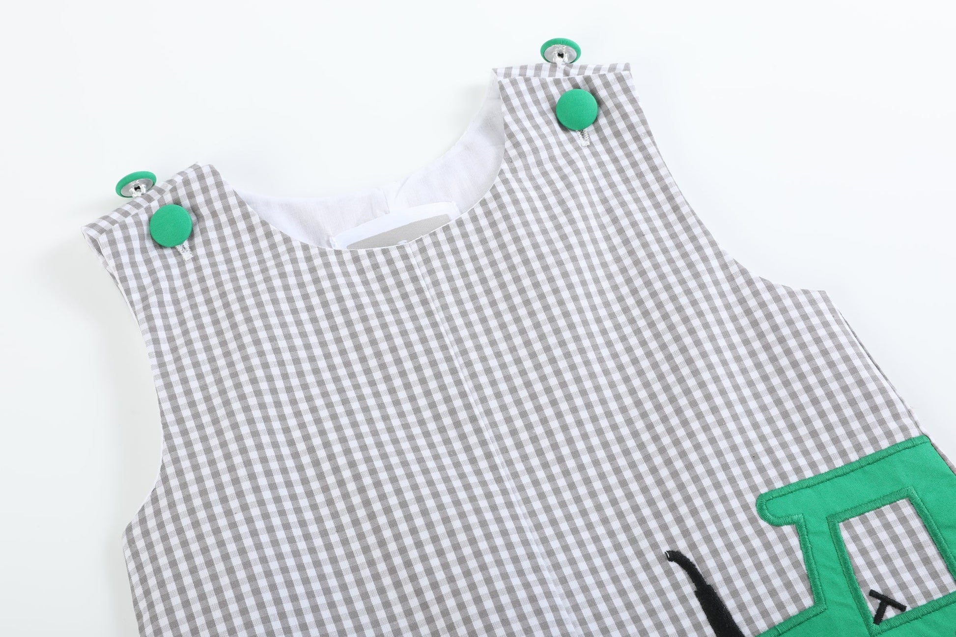 Gray Gingham Green Tractor Applique Shortalls - Abbies Place