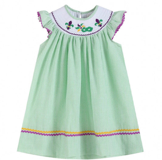 Green and Purple Mardi Gras Smocked Bishop Dress - Abbies Place