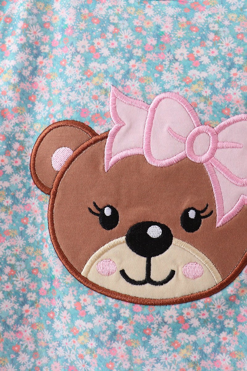 Green Bear Floral Applique Bubble - Abbies Place