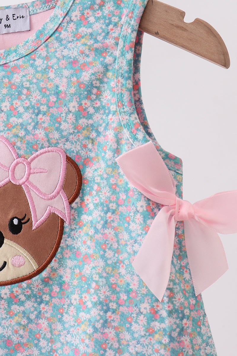 Green Bear Floral Applique Bubble - Abbies Place