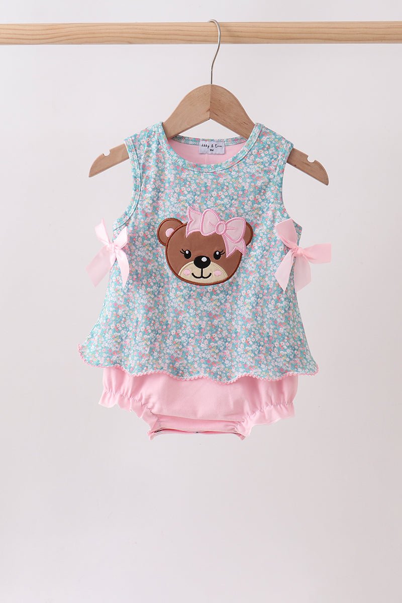 Green Bear Floral Applique Bubble - Abbies Place