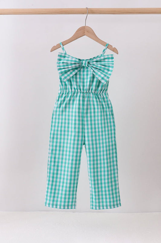 Green bow gingham jumpsuit - Abbies Place