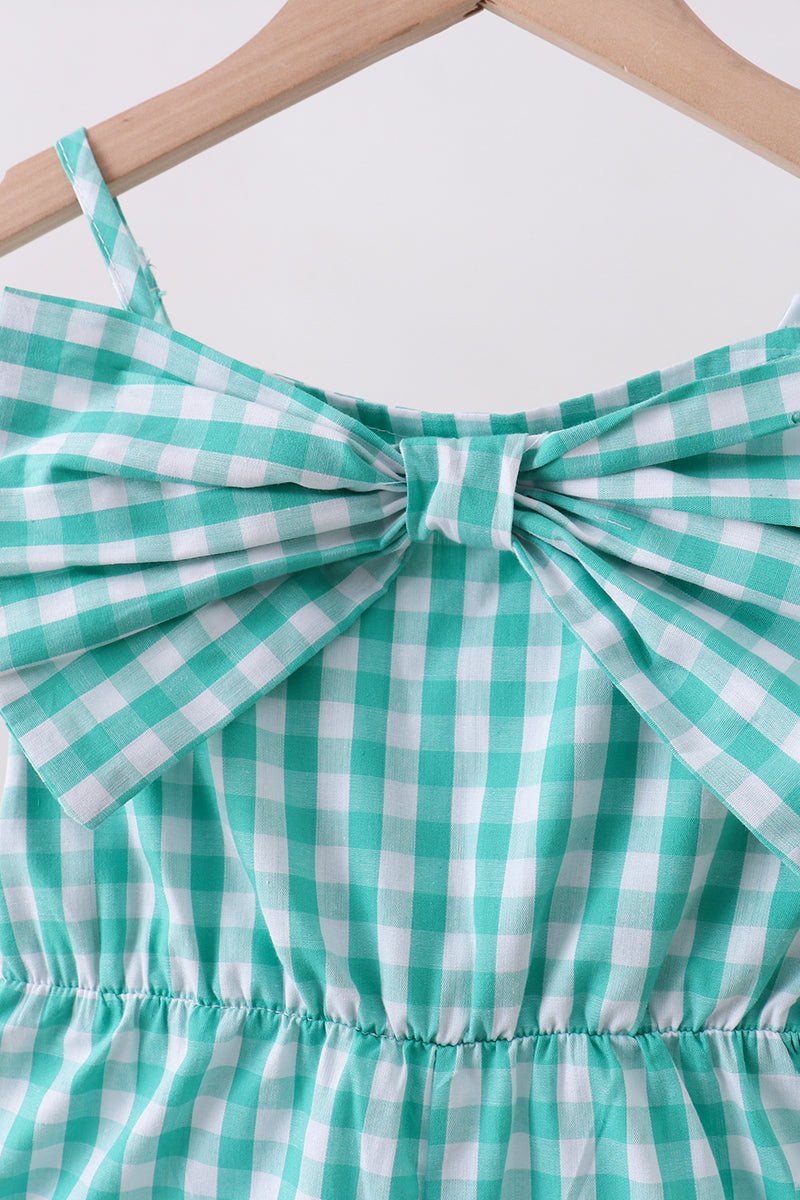 Green bow gingham jumpsuit - Abbies Place