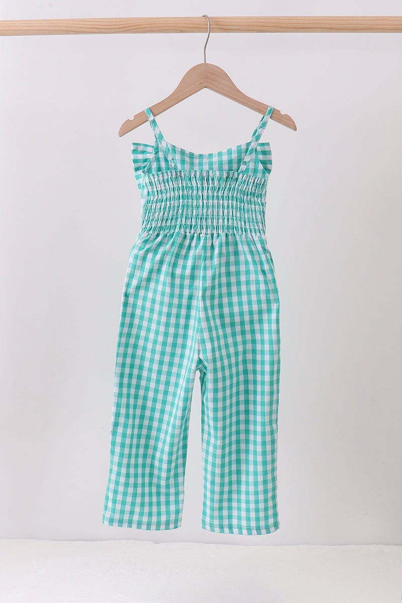 Green bow gingham jumpsuit - Abbies Place