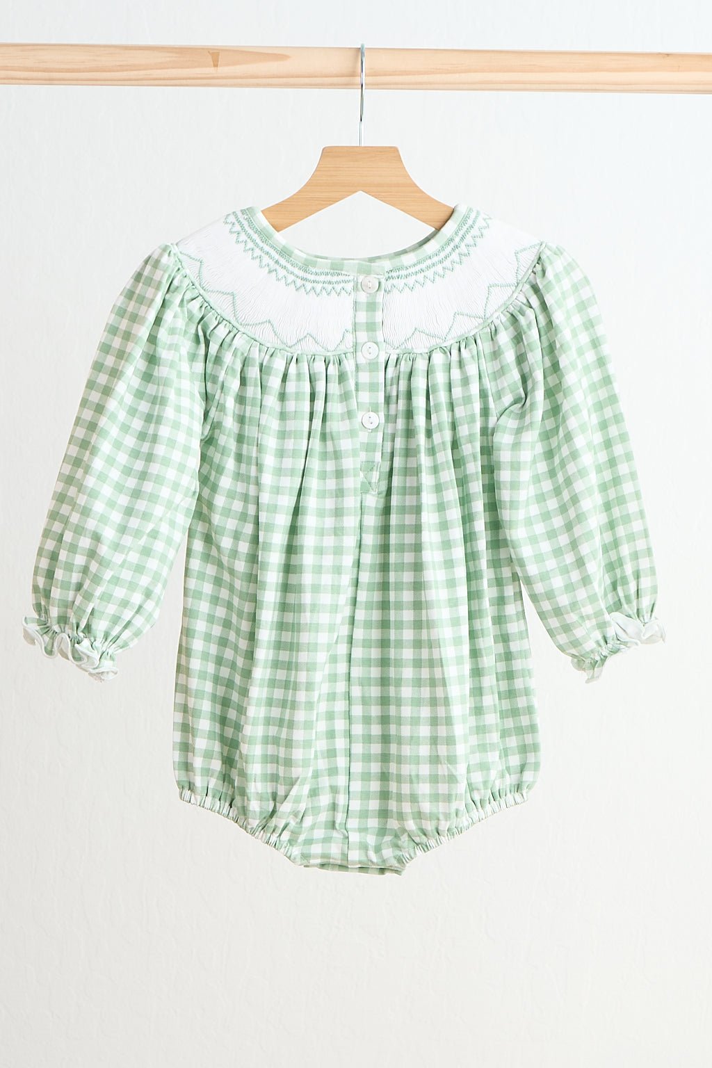 Green bow tie hand smocked gingham girl bubble - Abbies Place