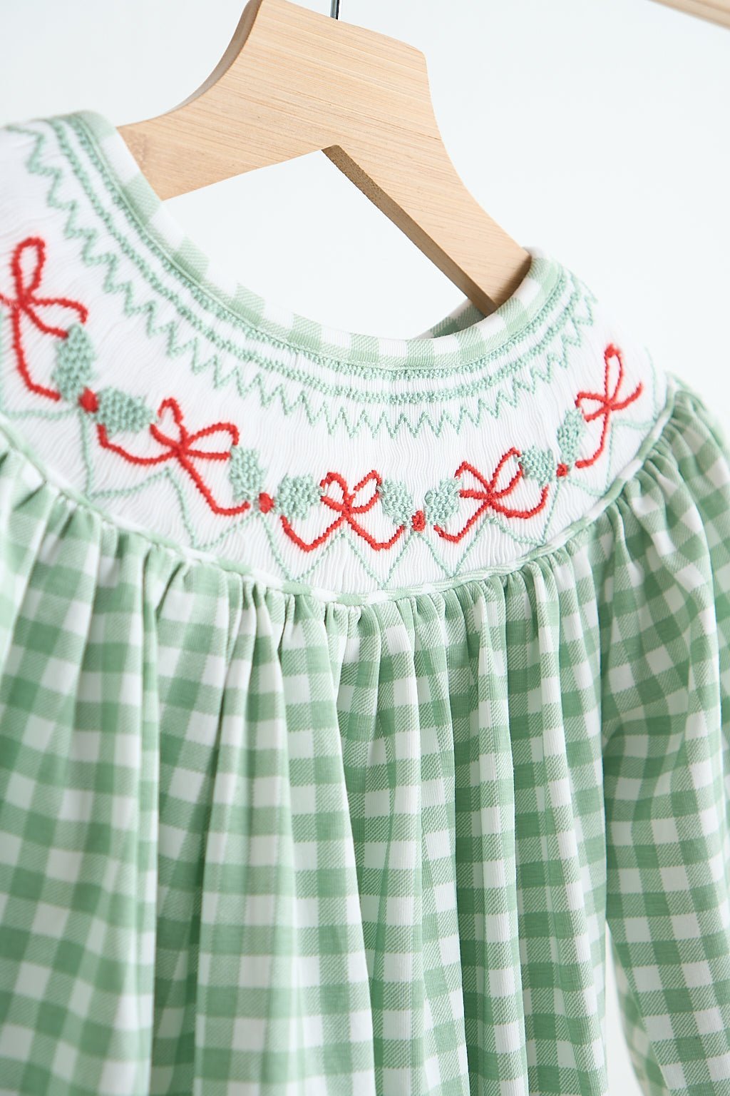 Green bow tie hand smocked gingham girl bubble - Abbies Place