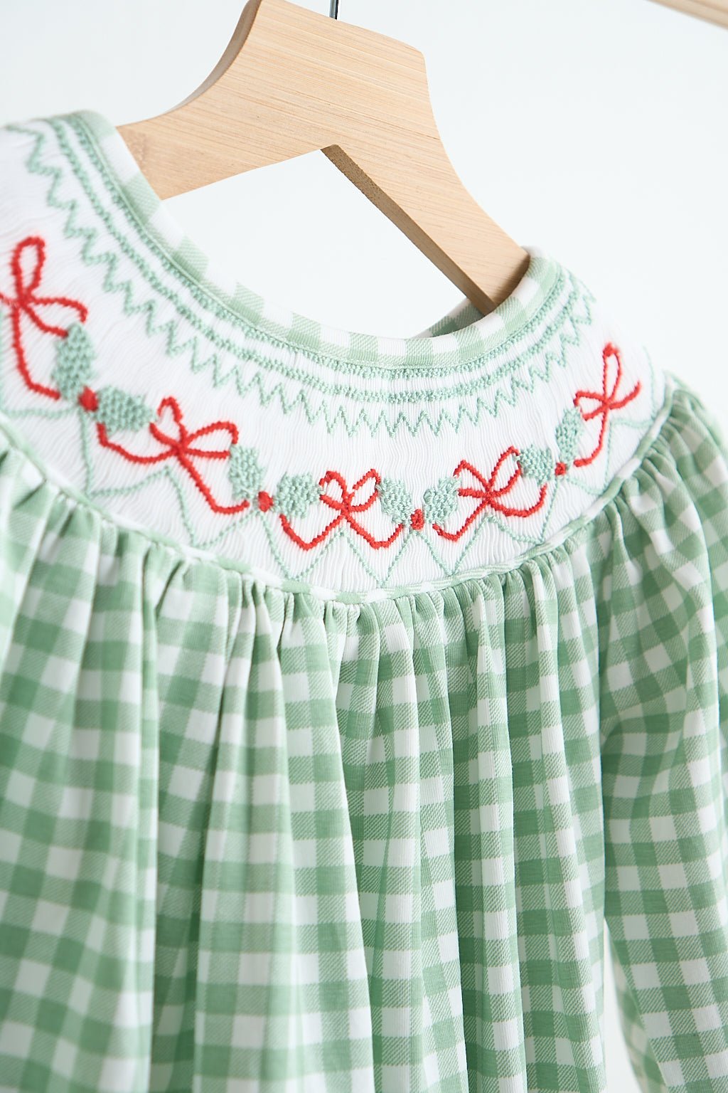 Green bow tie hand smocked gingham girl bubble - Abbies Place