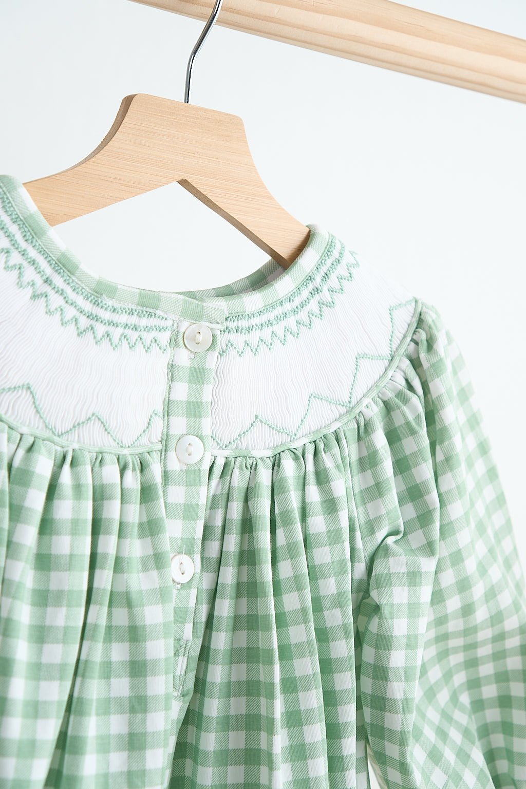 Green bow tie hand smocked gingham girl bubble - Abbies Place