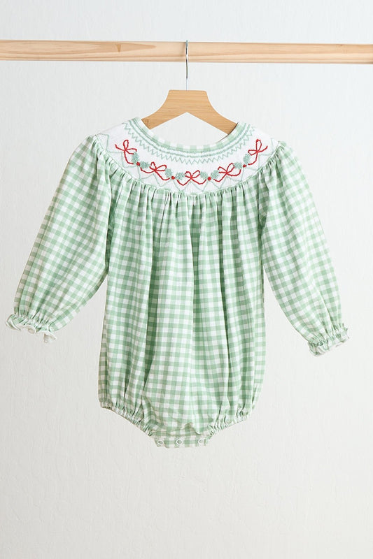 Green bow tie hand smocked gingham girl bubble - Abbies Place