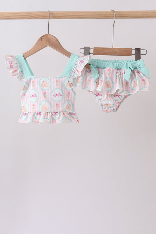 Green castle cream ruffle 2pc swimsuit - Abbies Place