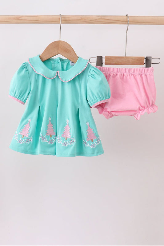 Green christmas tree embroidery bloomer set - Abbies Place