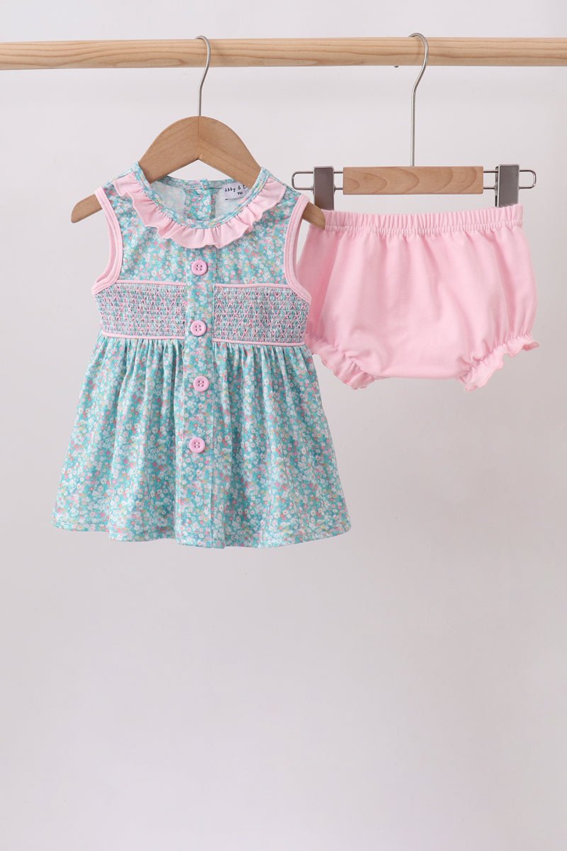 Green Floral Smocked Bloomer Set - Abbies Place