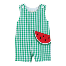 Load image into Gallery viewer, Green Gingham Watermelon Applique Overalls
